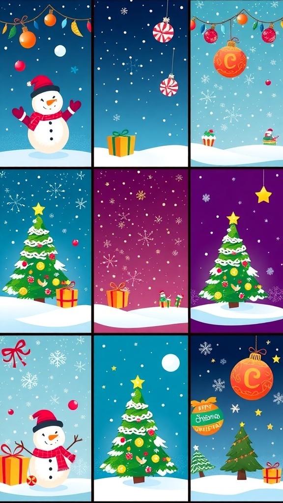 A variety of cute Christmas wallpapers showcasing snowmen, Christmas trees, and ornaments.